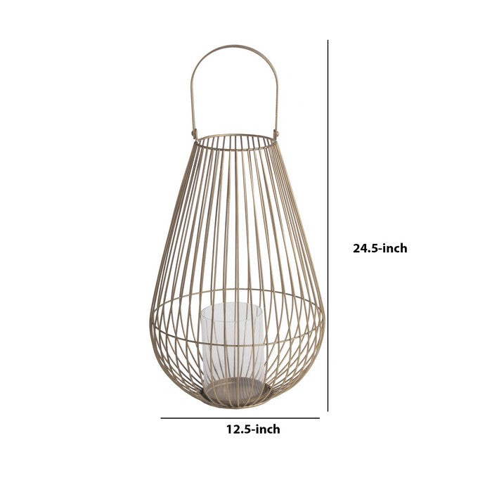 Bellied Shape Metal Lantern with Open Cage Design, Large, Gold