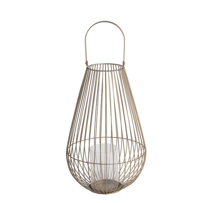 Bellied Shape Metal Lantern with Open Cage Design, Large, Gold