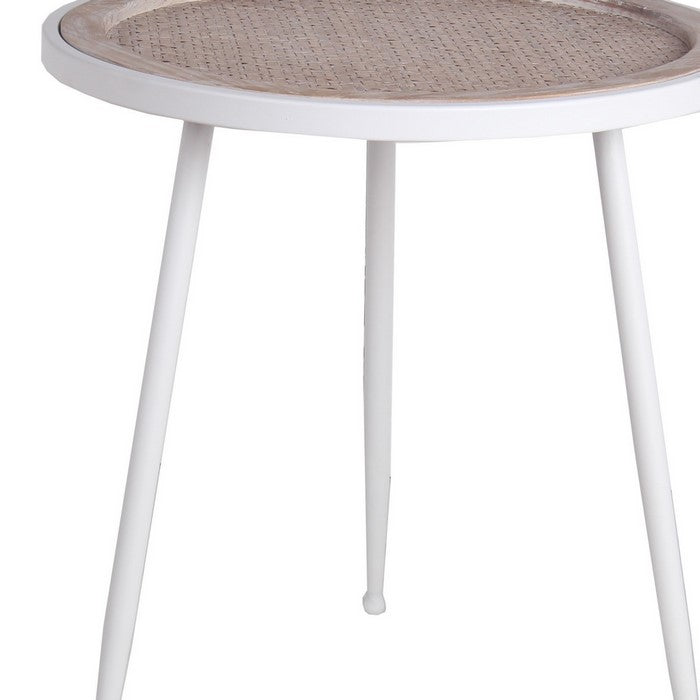 Wooden Woven Top Accent Table with Metal Tubular Legs, Brown and White