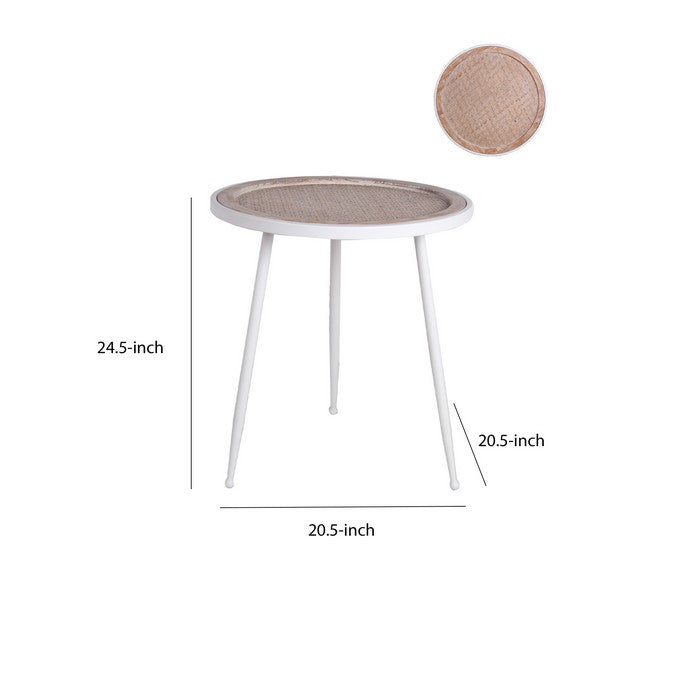 Wooden Woven Top Accent Table with Metal Tubular Legs, Brown and White