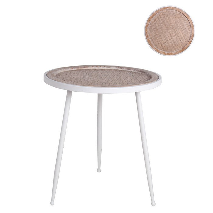 Wooden Woven Top Accent Table with Metal Tubular Legs, Brown and White