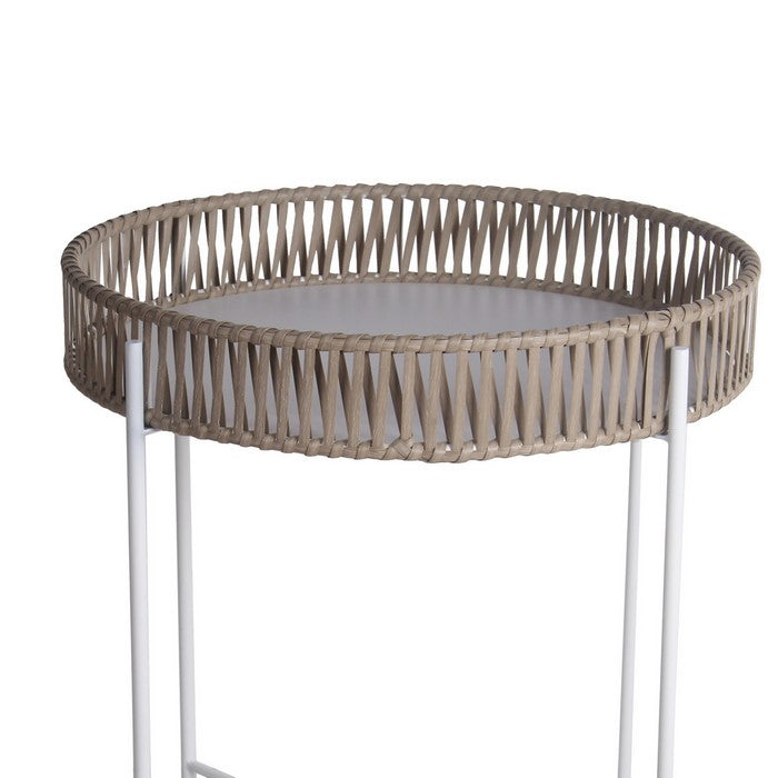 Metal Accent Table with Round Top and Woven Edges, Large, White and Brown