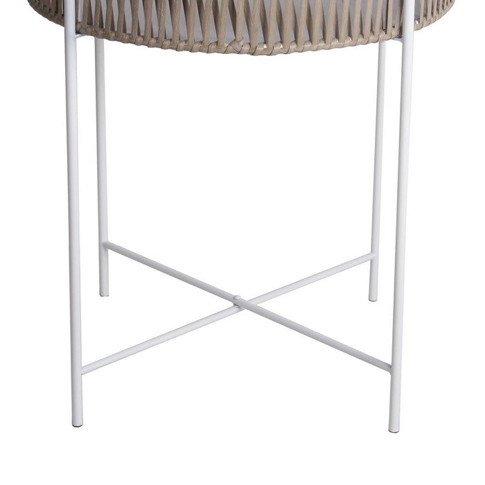 Metal Accent Table with Round Top and Woven Edges, Large, White and Brown