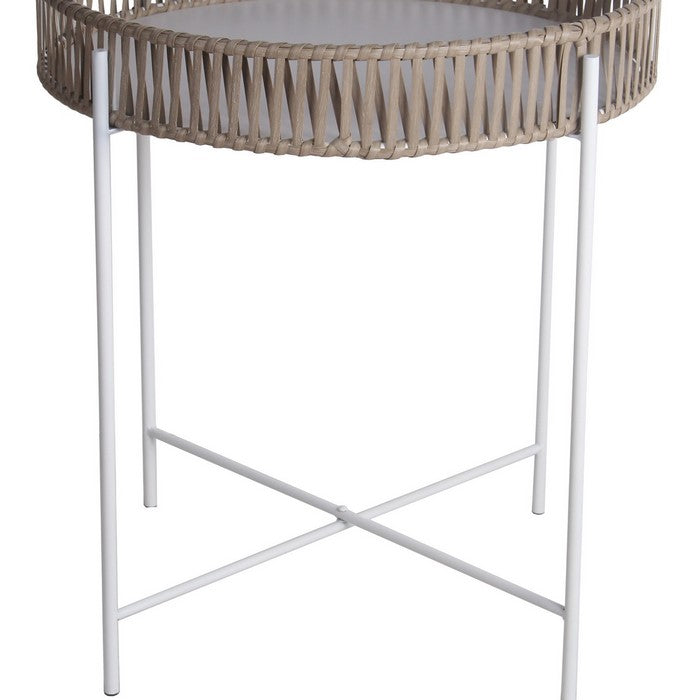 Metal Accent Table with Round Top and Woven Edges, Large, White and Brown