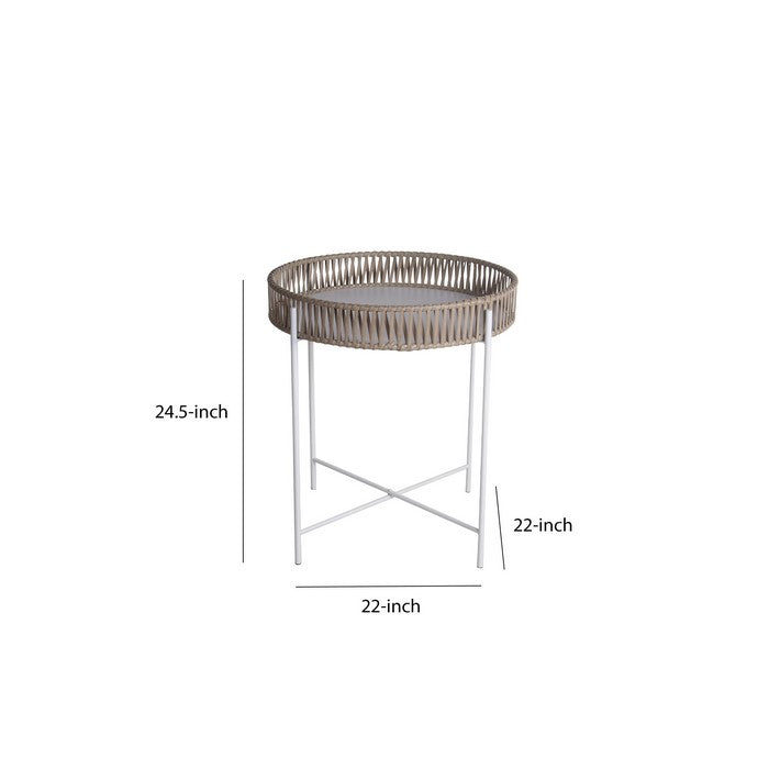 Metal Accent Table with Round Top and Woven Edges, Large, White and Brown