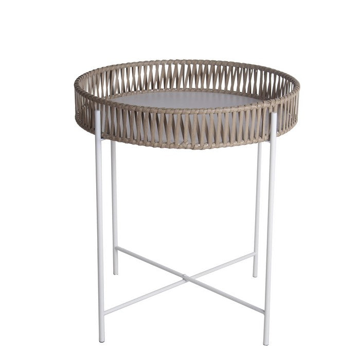 Metal Accent Table with Round Top and Woven Edges, Large, White and Brown