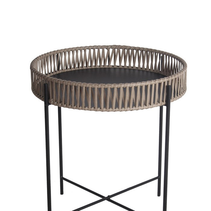 Metal Accent Table with Round Top and Woven Edges, Large, White and Gray