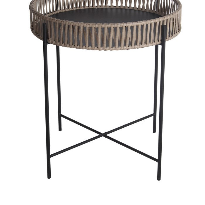 Metal Accent Table with Round Top and Woven Edges, Large, White and Gray