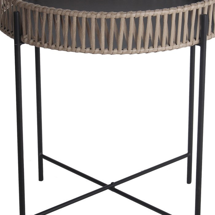 Metal Accent Table with Round Top and Woven Edges, Large, White and Gray