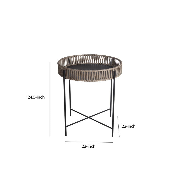 Metal Accent Table with Round Top and Woven Edges, Large, White and Gray