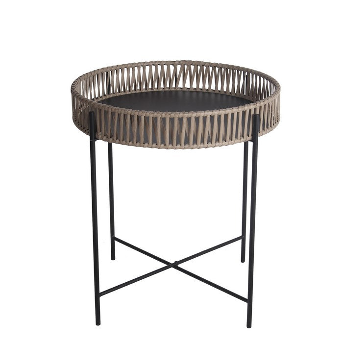 Metal Accent Table with Round Top and Woven Edges, Large, White and Gray