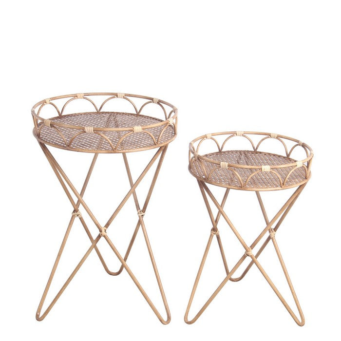 Farmhouse Bamboo Accent Table with Intersected Hairpin Legs, Set of 2,Brown