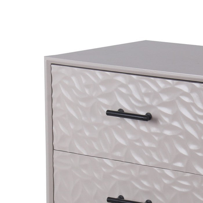 3 Drawer Wooden Accent Stand with Embossed Leaf Texture, Light Gray
