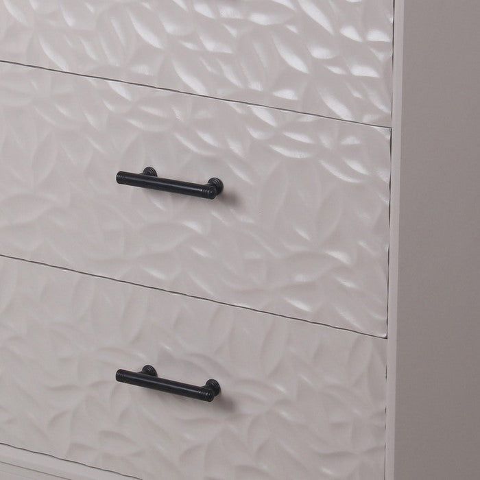3 Drawer Wooden Accent Stand with Embossed Leaf Texture, Light Gray
