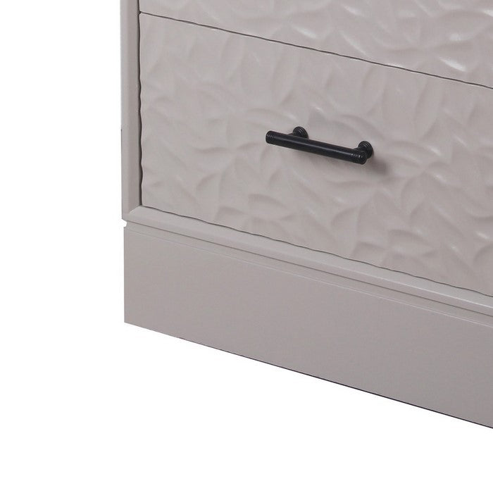 3 Drawer Wooden Accent Stand with Embossed Leaf Texture, Light Gray