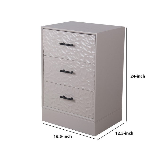 3 Drawer Wooden Accent Stand with Embossed Leaf Texture, Light Gray
