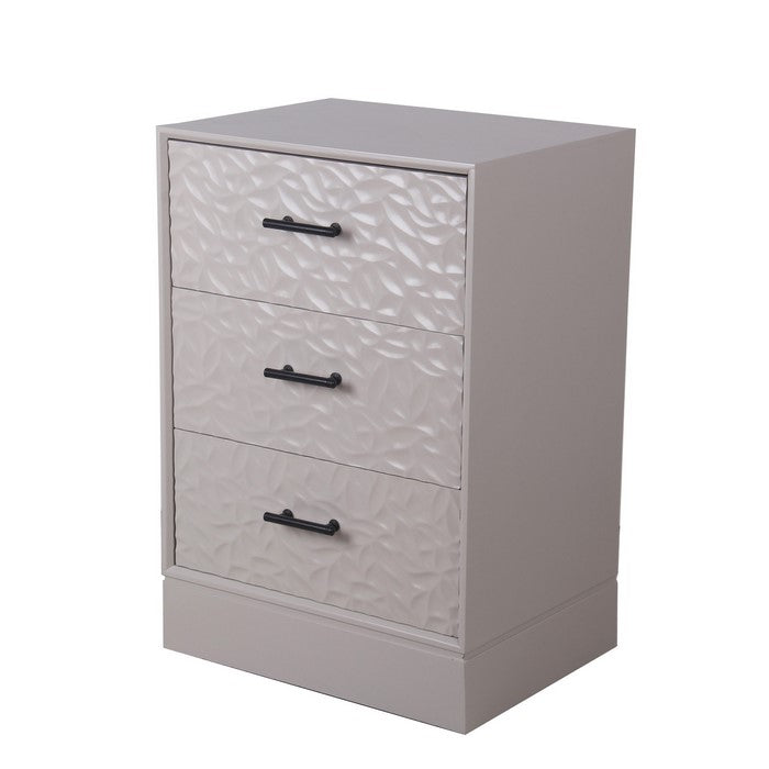 3 Drawer Wooden Accent Stand with Embossed Leaf Texture, Light Gray