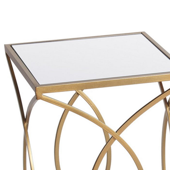 Geometric Metal Base Accent Table with Square Mirror Top, Set of 2, Gold