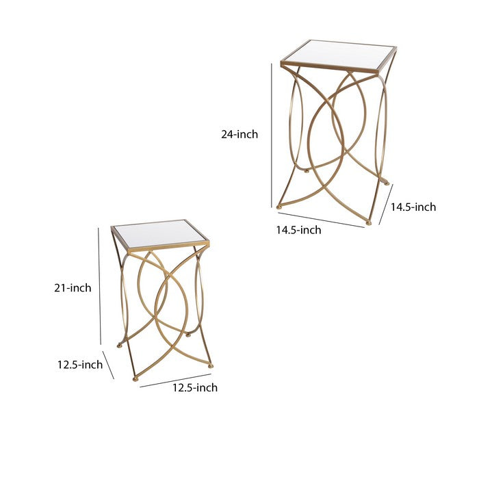 Geometric Metal Base Accent Table with Square Mirror Top, Set of 2, Gold