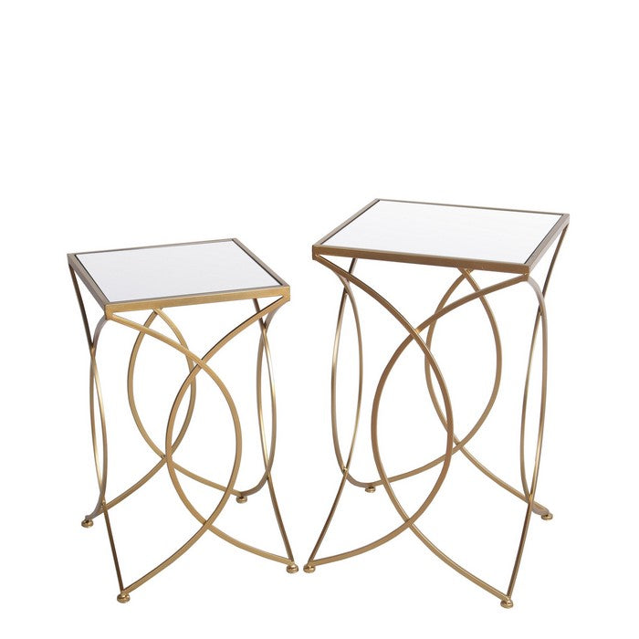 Geometric Metal Base Accent Table with Square Mirror Top, Set of 2, Gold
