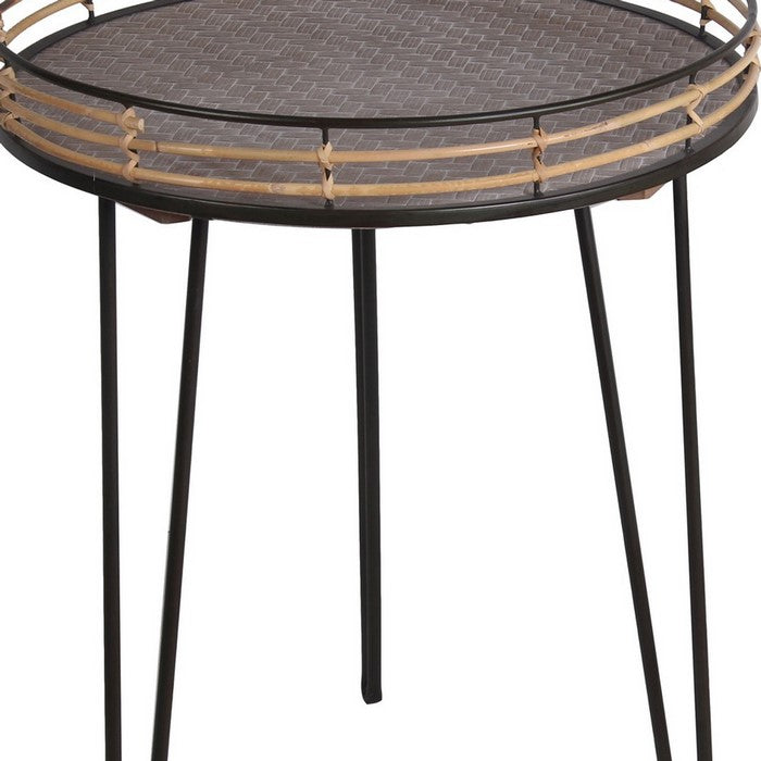 Rail Top Metal Accent Table with Hairpin Legs, Set of 2, Black and Brown