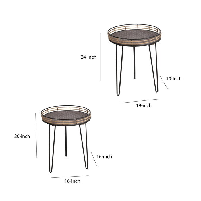 Rail Top Metal Accent Table with Hairpin Legs, Set of 2, Black and Brown