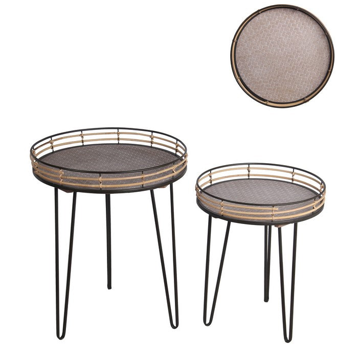 Rail Top Metal Accent Table with Hairpin Legs, Set of 2, Black and Brown
