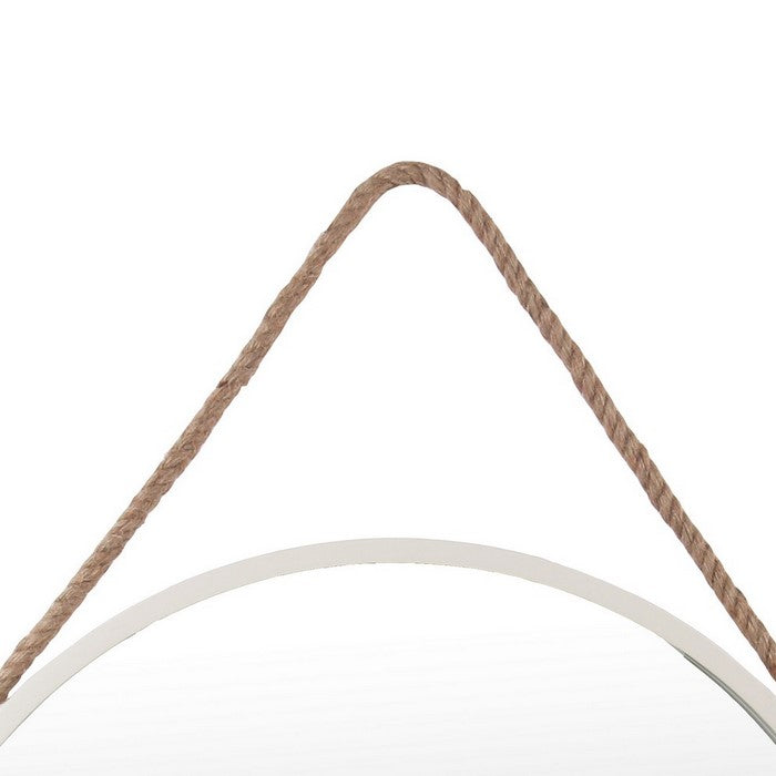 Round Wooden Frame Wall Mirror with Rope Hanger, Small, White and Brown