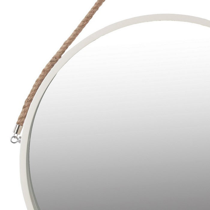 Round Wooden Frame Wall Mirror with Rope Hanger, Small, White and Brown