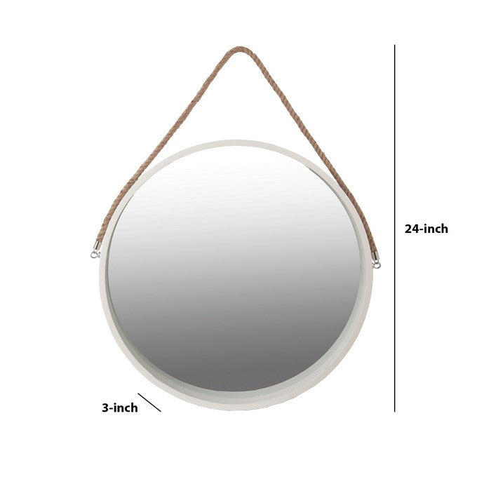 Round Wooden Frame Wall Mirror with Rope Hanger, Small, White and Brown