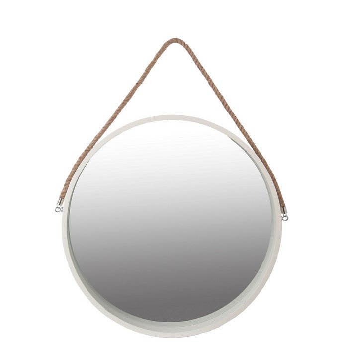 Round Wooden Frame Wall Mirror with Rope Hanger, Small, White and Brown