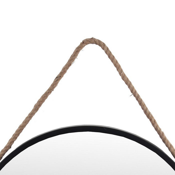 Round Wooden Frame Wall Mirror with Rope Hanger, Small, Black and Brown