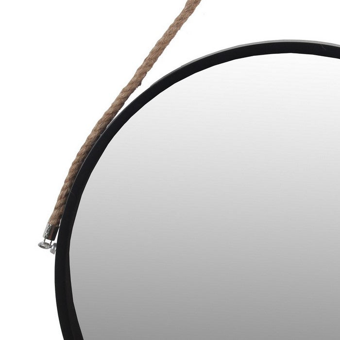 Round Wooden Frame Wall Mirror with Rope Hanger, Small, Black and Brown