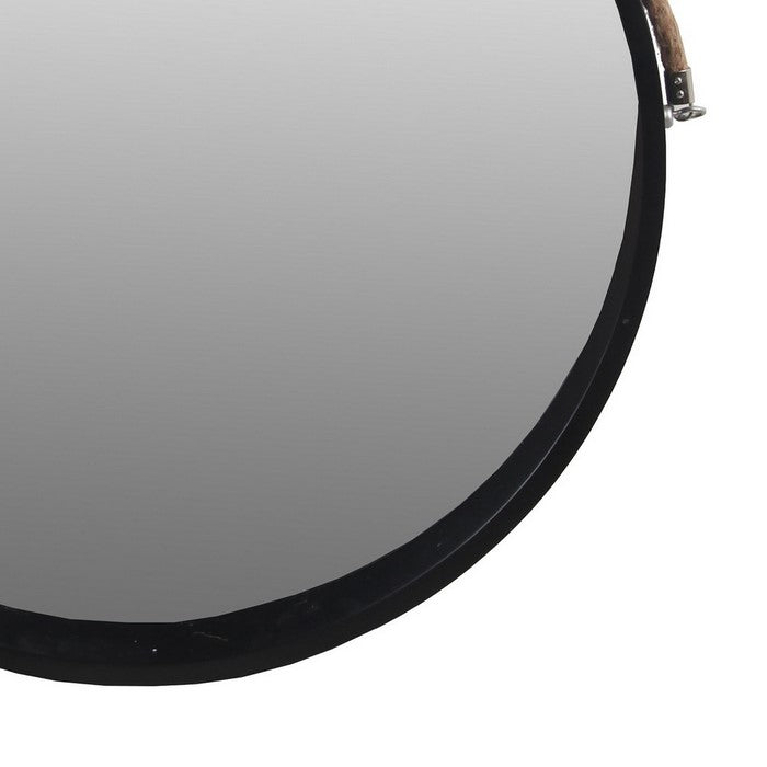 Round Wooden Frame Wall Mirror with Rope Hanger, Small, Black and Brown