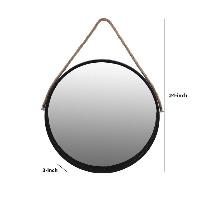 Round Wooden Frame Wall Mirror with Rope Hanger, Small, Black and Brown