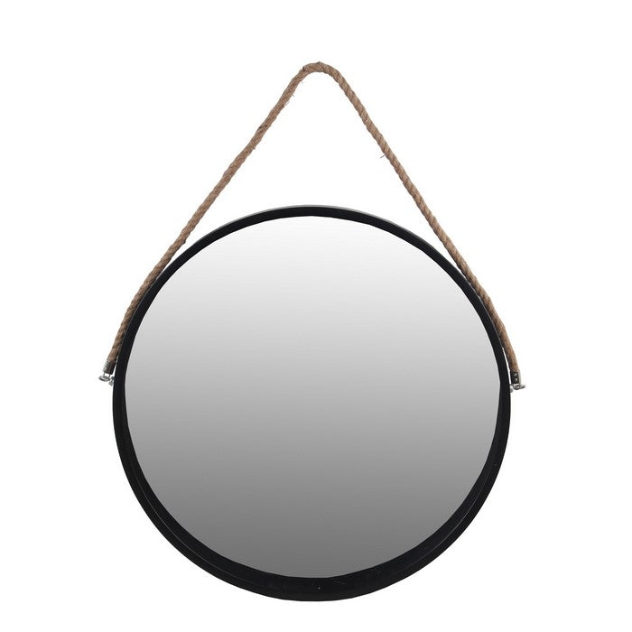 Round Wooden Frame Wall Mirror with Rope Hanger, Small, Black and Brown