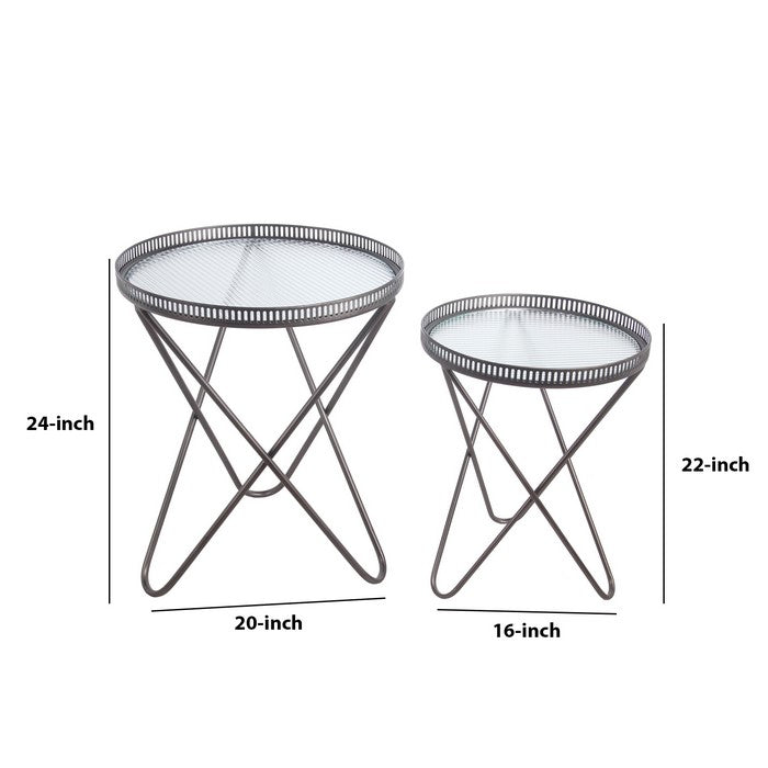 Metal Accent Table with Round Glass Top and Hairpin Legs, Set of 2, Black