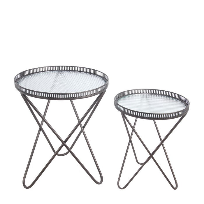 Metal Accent Table with Round Glass Top and Hairpin Legs, Set of 2, Black