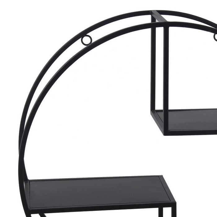 Tubular Metal Frame Round Wall Decor with 2 Open Shelves, Black