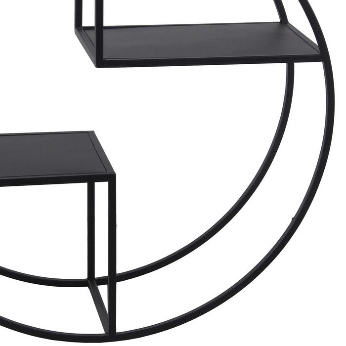 Tubular Metal Frame Round Wall Decor with 2 Open Shelves, Black