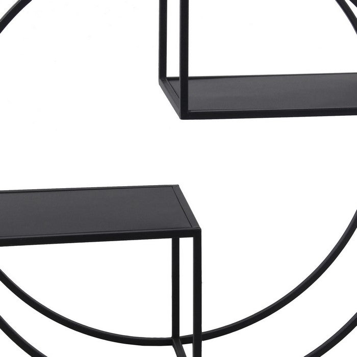 Tubular Metal Frame Round Wall Decor with 2 Open Shelves, Black