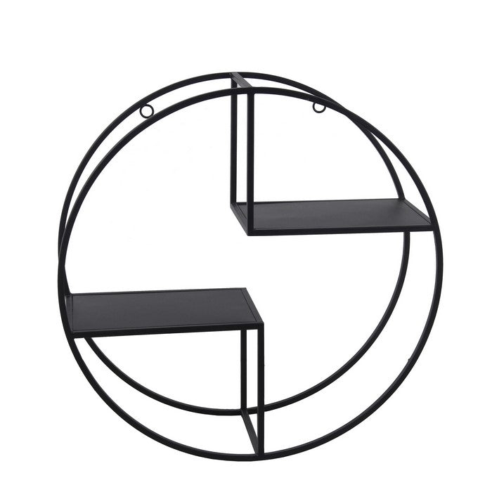 Tubular Metal Frame Round Wall Decor with 2 Open Shelves, Black