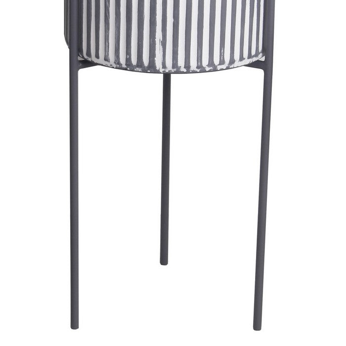 Cylindrical Metal Planter with Corrugated Design, Set of 3, Black and White