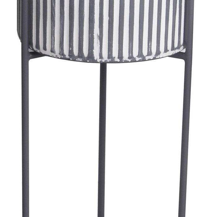 Cylindrical Metal Planter with Corrugated Design, Set of 3, Black and White