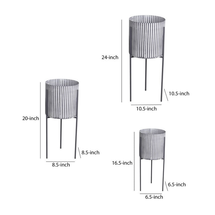 Cylindrical Metal Planter with Corrugated Design, Set of 3, Black and White