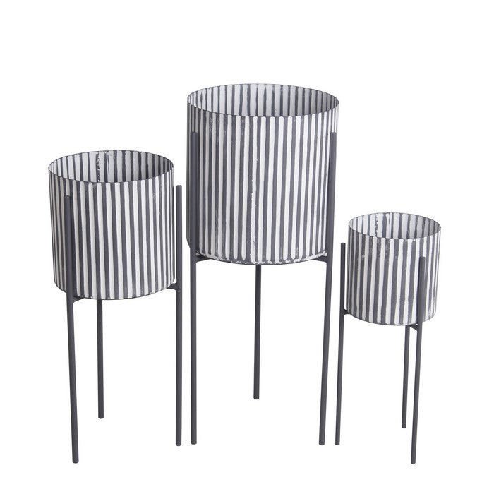 Cylindrical Metal Planter with Corrugated Design, Set of 3, Black and White