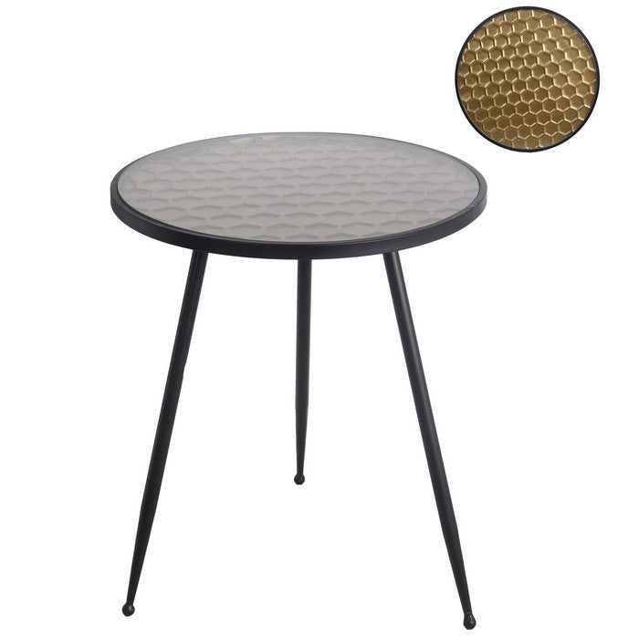 Honeycomb Glass Top Accent Table with Tubular Legs, Black and Gold