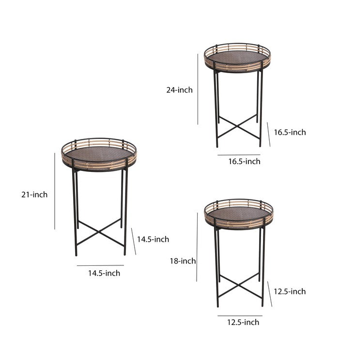 Rail Top Metal Accent Table with Tubular Legs, Set of 3, Black and Brown