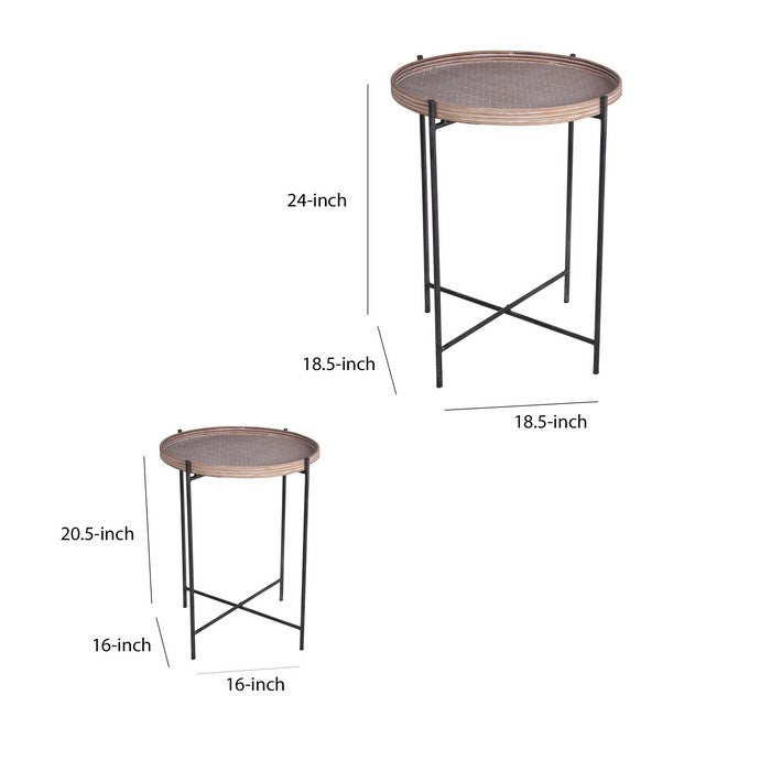 Accent Table with Tray Top and Tubular Metal Legs, Set of 2,Black and Brown