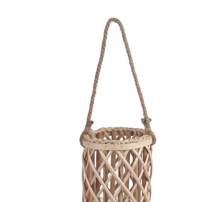 Cylindrical Bamboo Lantern with Lattice Design and Rope Handle,Medium,Brown